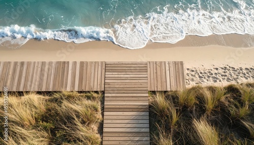 Top view: wooden boardwalk, dry grass on sides, ocean waves ahead. Minimalist style.