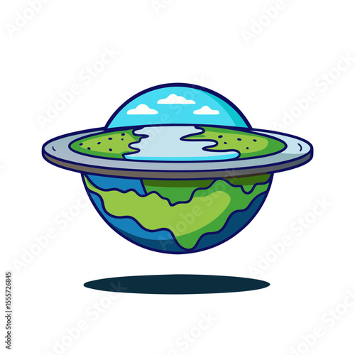 Cartoon depiction of a flat earth with a dome and a river