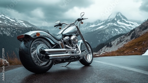 A beautiful vintage harley davidson chooper bike on the road with view of a beautilful mountains.