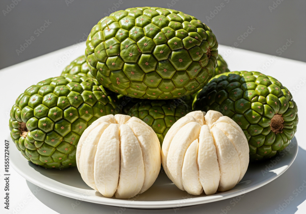 Fototapeta premium Freshly peeled pandanus fruit with whole green fruits on a plate