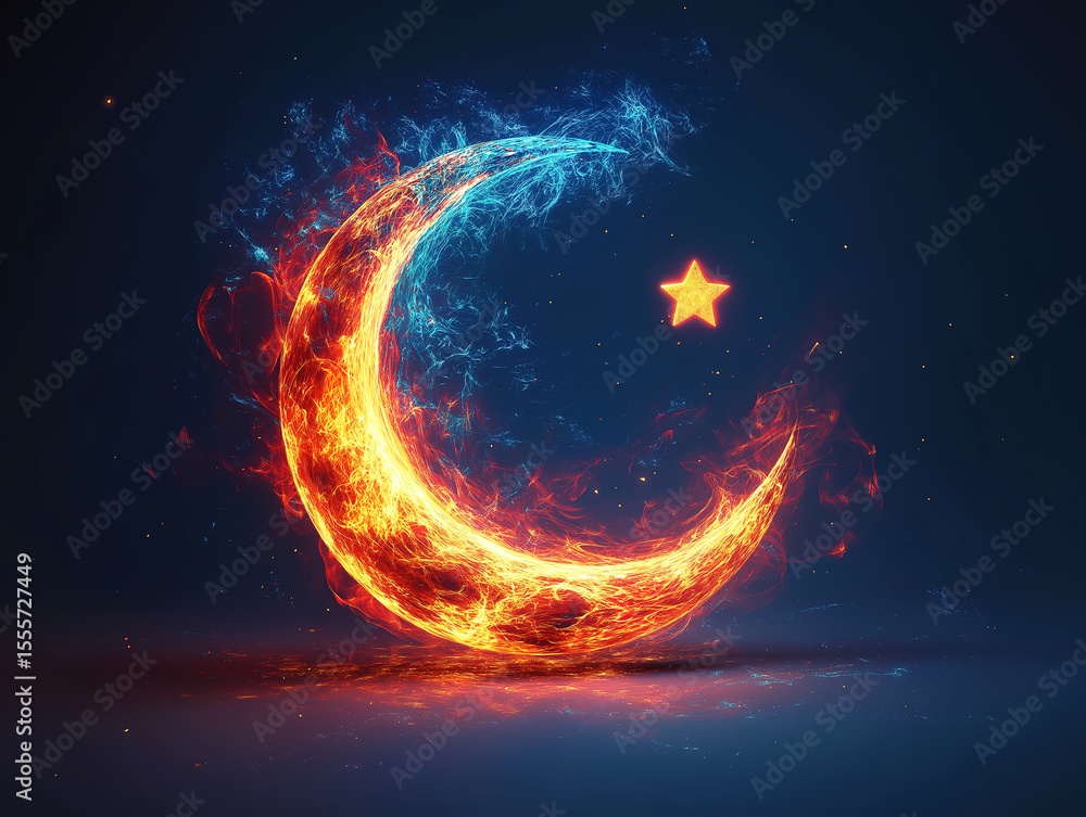 Obraz premium Crescent moon and star shining through abstract light painting