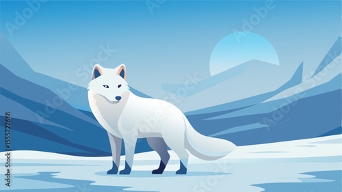 White fox standing on snow with mountains in the background landscape illustration