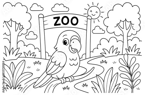 Coloring page of cute parrot for kids coloring book