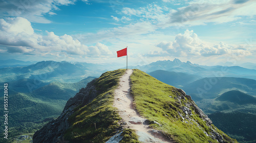 Road going to flag on mountain top, Business goals achievement concept