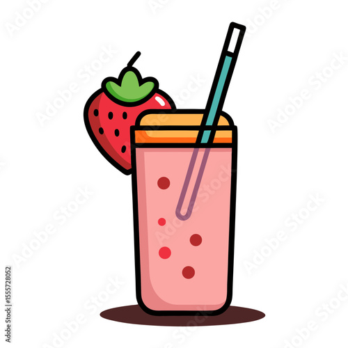 Refreshing strawberry smoothie with a slice of fruit and a blue straw