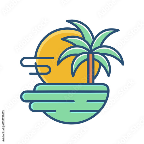 Stylized tropical island scene with palm tree and sun