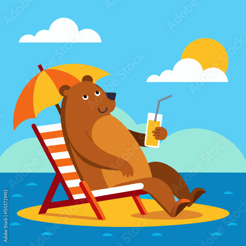.brown bear lying on sun bed and drinking a cocktail in summer sunny sea beach
