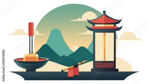Balloons floating over mountains at sunset in a scenic view landscape illustration