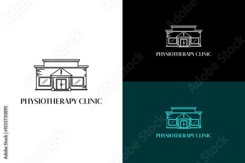 illustration of physiotherapy clinic front with a spine icon, vector logo for rehab center, movement therapy, joint care, spine health, physical therapy, wellness, holistic, orthopedic, and more