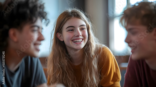 showing a group of teenagers participating in a youth group meeting in a church hall, discussing 
