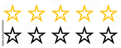 Five gold outline stars above five black outline stars isolated on white background
