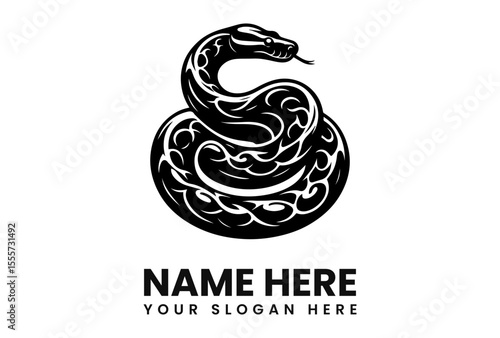 Stylized snake illustration coiled, tongue sticking out, on white background with placeholder text below.