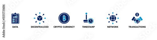 Blockchain banner web icon vector illustration concept with icon of data, decentralized, crypto currency, timestamp, network and transactions