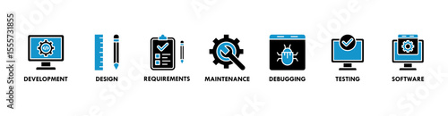 Agile banner web icon vector illustration concept with icon of development, design, requirements, maintenance, debugging, testing and software