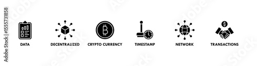 Blockchain banner web icon vector illustration concept with icon of data, decentralized, crypto currency, timestamp, network and transactions