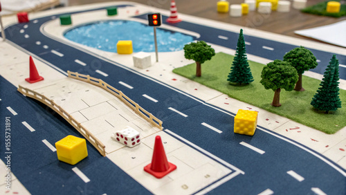 Miniature road layout with traffic cones dice trees and water feature