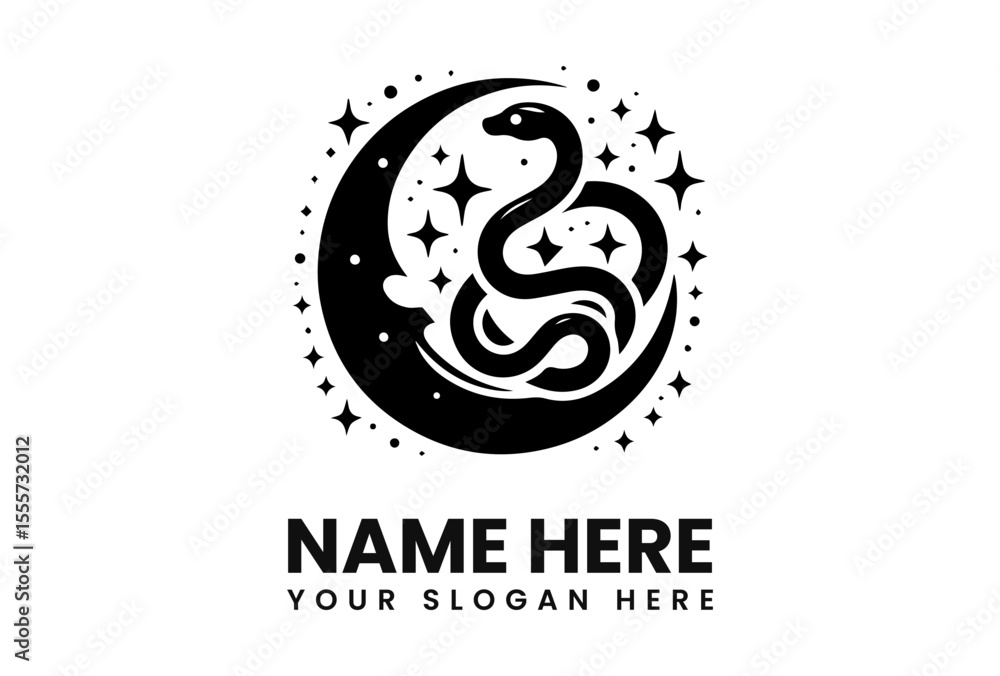 Fototapeta premium Black and white logo featuring a snake entwined around a crescent moon, surrounded by stars.