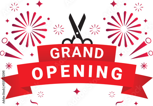 Grand Opening Ribbon Banner with Scissors and Fireworks Celebration – Vector Illustration