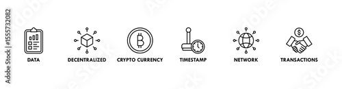 Blockchain banner web icon vector illustration concept with icon of data, decentralized, crypto currency, timestamp, network and transactions
