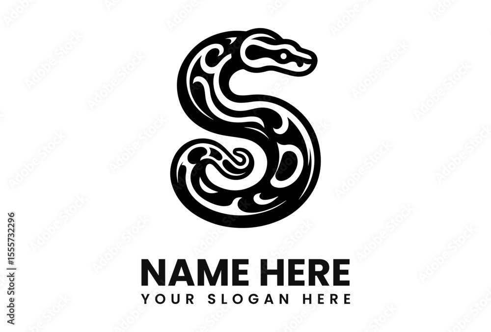 Naklejka premium Stylized snake forming letter S logo design, black and white, elegant, simple.