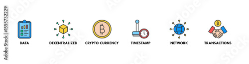Blockchain banner web icon vector illustration concept with icon of data, decentralized, crypto currency, timestamp, network and transactions