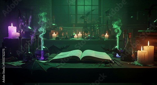 Wallpaper Mural Mystical Open Book on Dark Alchemist Table with Candles and Smoke Torontodigital.ca