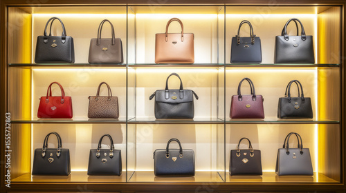 Elegant handbags showcase luxury and style on well-lit retail shelves. Perfect for fashion, marketing, and upscale retail themes.