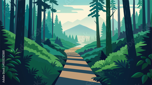 Scenic view of mountains with river and cloudy sky artwork landscape illustration