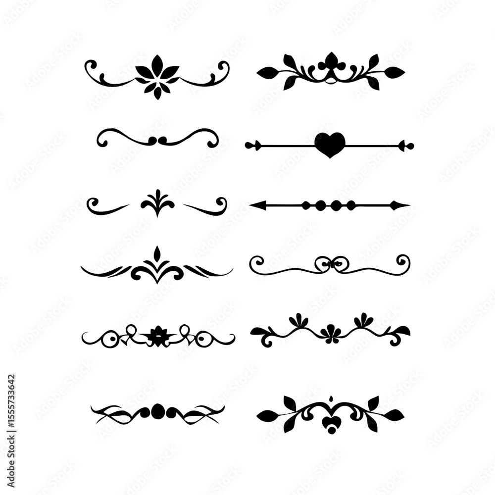 Obraz premium Decorative simple divider. Text dividers retro minimal line separators, Vector isolated geometric wedding card heart separator elements set. Text dividers. . Hand drawn vector illustration. 