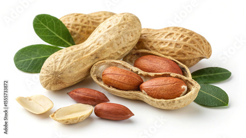 Wallpaper Mural Ai generated image of closeup image of peanuts in their shells and a few shelled peanuts isolated on white background, with vibrant green leaves Torontodigital.ca