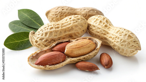 Wallpaper Mural Ai generated image of a detailed closeup of peanuts in their shells and some shelled peanuts isolated on white background, next to green leaves Torontodigital.ca