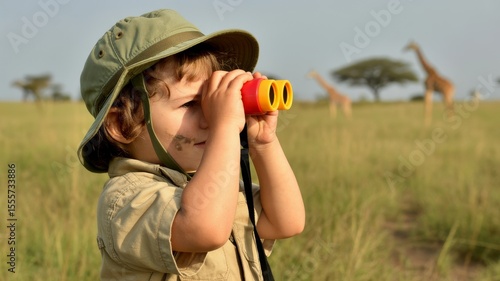 A young child in safari gear uses binoculars to observe giraffes in a grassy savanna landscape.