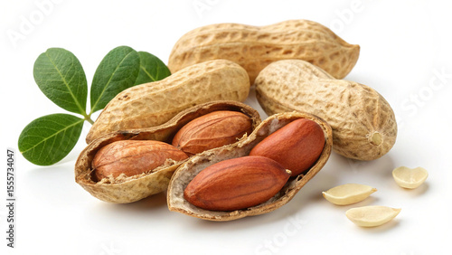 Wallpaper Mural Ai generated image of closeup of peanuts in their shells, some open to reveal the nuts inside, with green leaves isolated on white background Torontodigital.ca