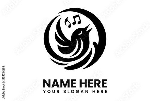 A stylized black bird singing, surrounded by a circular frame, with musical notes.