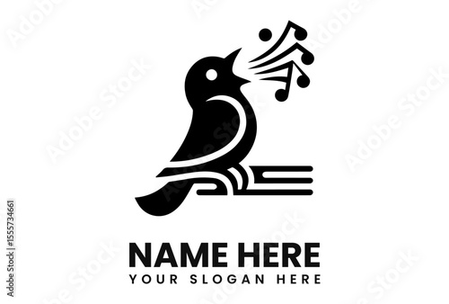 A stylized black bird singing musical notes, perched on a book, with text below.