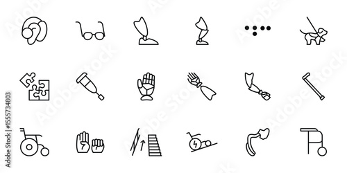 Set of outline icons related to disability, disabled helping utility tools. Linear icon collection. Editable stroke. Vector illustration