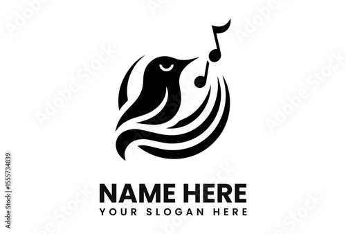 A stylized black bird singing musical notes within a circular design, logo.