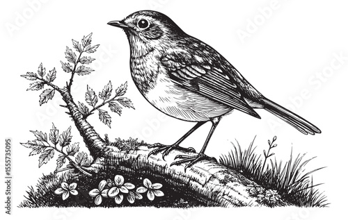 Vintage Hand-Drawn Illustration of a Perched Robin Bird on a Mossy Tree Branch with Detailed Feathers and Natural Texture Elements

