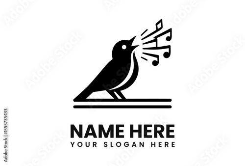 Bird singing with musical notes coming from its beak, perched on a line.