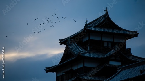 Serene evening at a traditional japanese castle with soaring birds