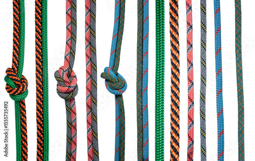 Isolated collection of colorful climbing rope on white background