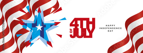 Banner and greeting card for Happy USA Independence Day July 4th. USA flag, abstract stars with sparkling fireworks next to red compact bold typography with the inscription July 4th