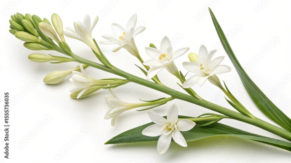 Elegant White Tuberose Flower Stem with Buds and Delicate Petals on White Background Elegant White Tuberose Flower Stem with Buds and Delicate Petals on White Background