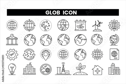 Set of  outline icons related to glob. Linear icon collection. Editable stroke. Vector illustration