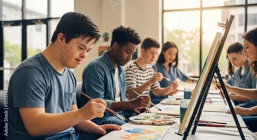 Down Syndrome and Students Painting Together in Class
