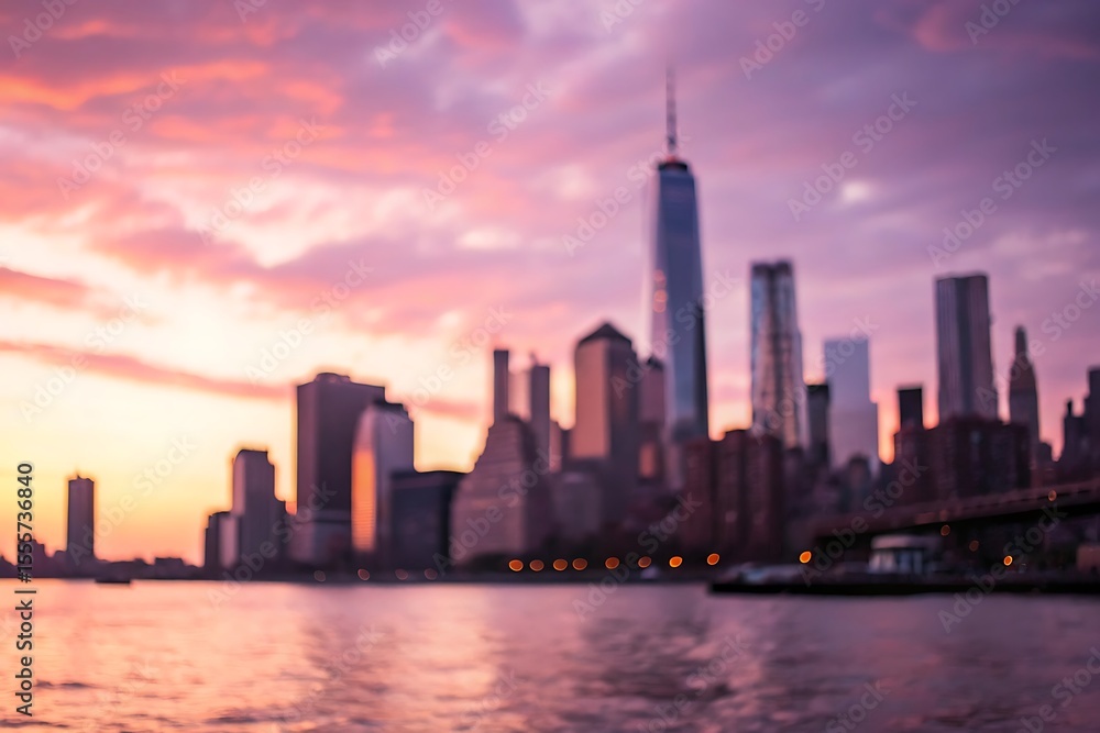 Fototapeta premium Blurred city skyline at sunrise with pastel colors background