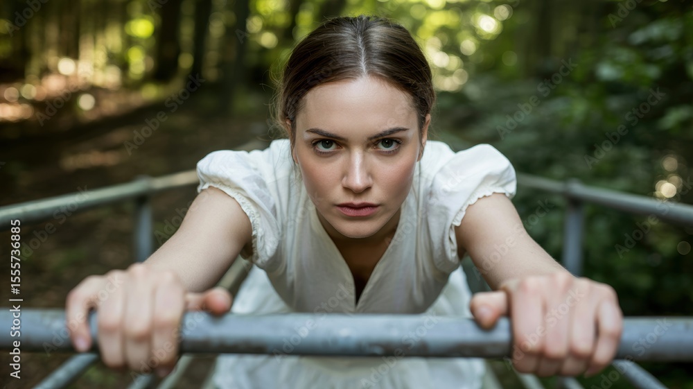 Naklejka premium Determined young caucasian female exercising outdoors in a forest setting