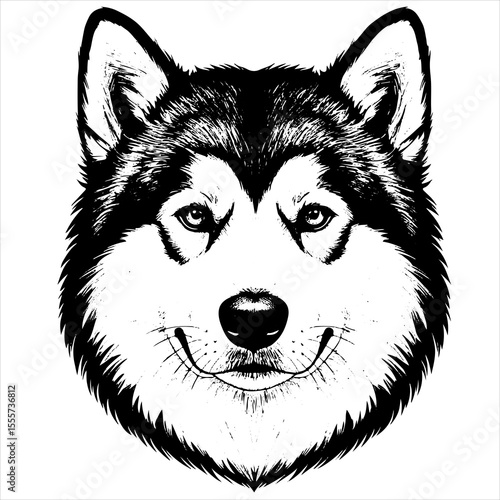 head Alaskan Malamute dog pet portrait engraving intricate retro hand drawn style line art black and white vector illustration