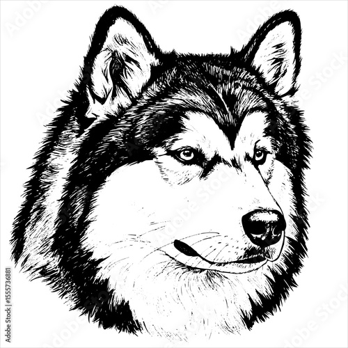 head Alaskan Malamute dog pet portrait engraving intricate retro hand drawn style line art black and white vector illustration