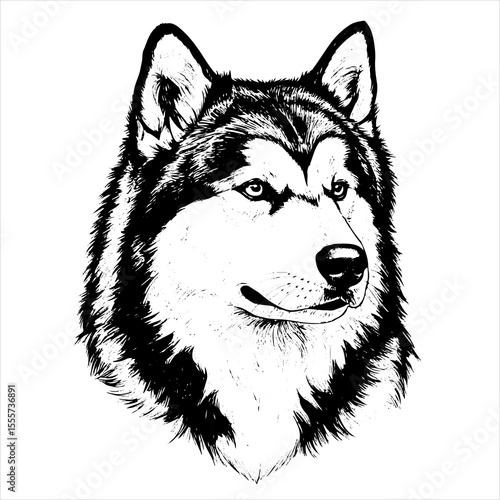 head Alaskan Malamute dog pet portrait engraving intricate retro hand drawn style line art black and white vector illustration